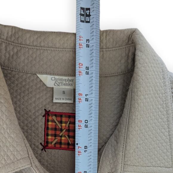 Christopher & Banks Sz S Embroidered Shirt Shacket Tan Beaded Canoe Motif - Picture 5 of 9